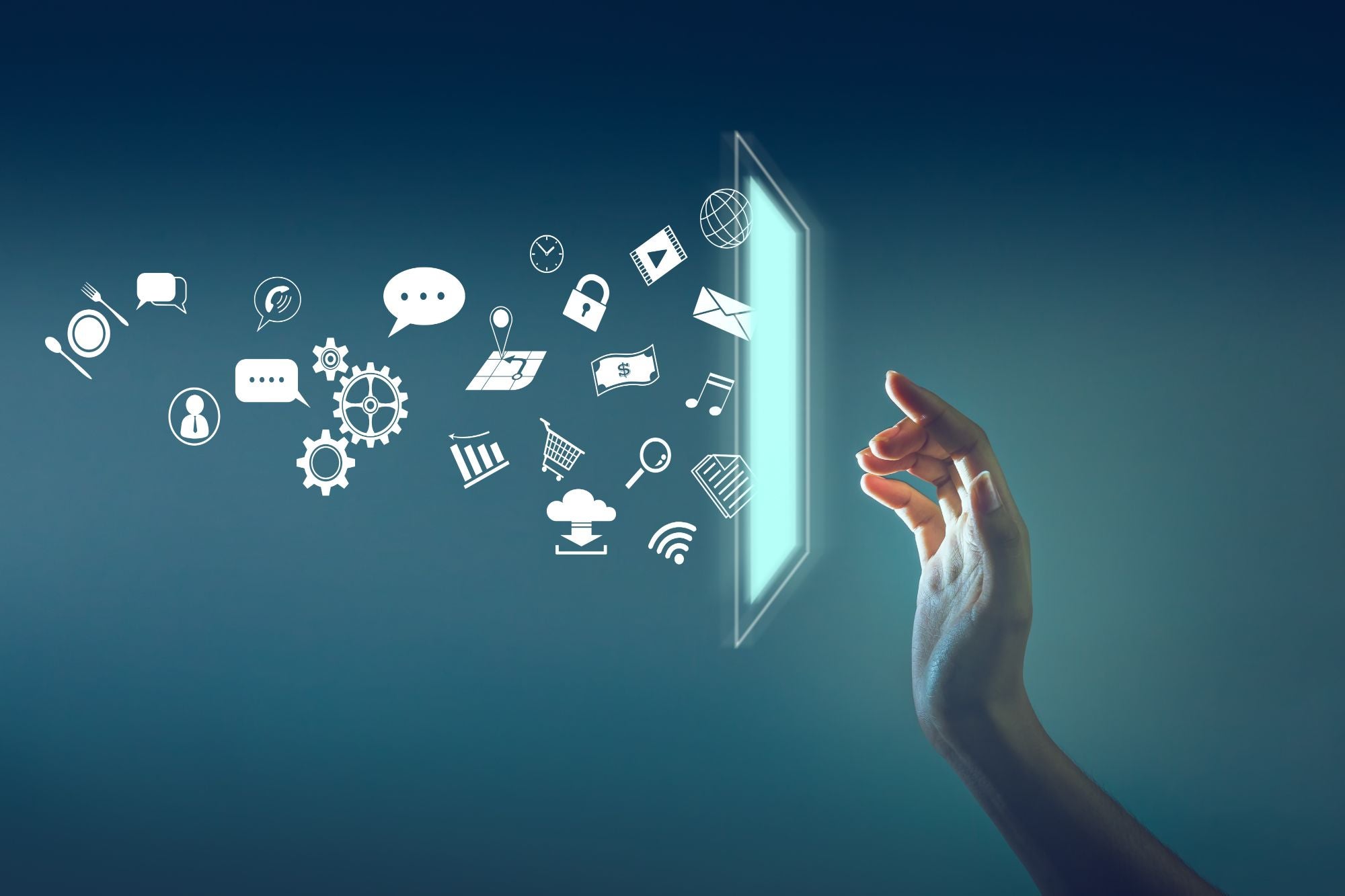 Digital services — hand interacting with a glowing digital interface